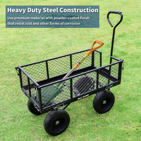 All Terrain Steel Garden Cart With 10 Inch Wheels And 180 Degree Rotating Handle Removable Sides Heavy Duty 4 Cu Ft Capacity Utility Wagon For Yard Work On Grass And Mud Carries Up To 400 Lbs Black with shovel on grass