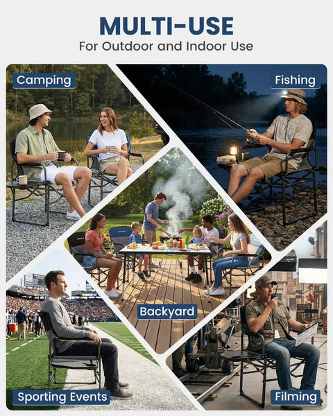Collage showing Oversized Camping Directors Chair With Side Table, Heavy Duty 440 Lb Load in various outdoor and indoor settings.
