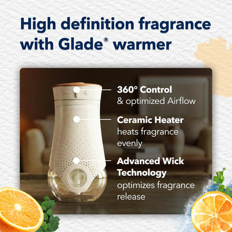 Coastal Sunshine Citrus PlugIns Air Freshener Starter Kit With 1 Warmer And 1 Refill, highlighting ceramic heater and advanced wick technology.