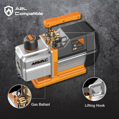 Navac NP7DP2 HVAC vacuum pump with orange handle, dual-stage, 7 CFM, 15 microns, A2L compatible.