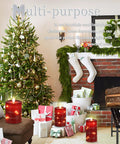 Red Flameless LED Pillar Candles With String Lights Set Of 3 Battery Operated Candles In 4 Inch 5 Inch And 6 Inch Size With Remote Control For Christmas And Festive Home Decor next to decorated Christmas tree