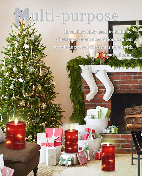 Red Flameless LED Pillar Candles With String Lights Set Of 3 Battery Operated Candles In 4 Inch 5 Inch And 6 Inch Size With Remote Control For Christmas And Festive Home Decor next to decorated Christmas tree