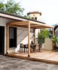 Outdoor patio with pergola supported by heavy duty 4x4 post brackets for wood posts 4 pieces DIY post base kit easy install for gazebos.