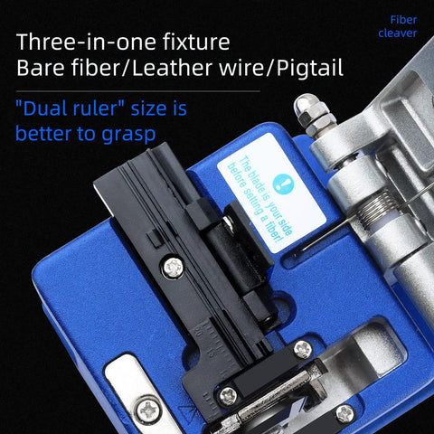 5-In-1 Pro-Grade Fiber Optic Tool Kit With FC-6S Cleaver close-up of three-in-one fixture details and dual ruler size.