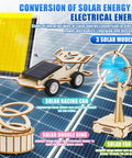 8 In 1 STEM Science Kit For Kids Aged 8 To 14 With Solar Powered Car Anti Gravity Device Telescope Periscope Dinosaur Claw And More For Hands On Fun Kid Friendly Wooden Physics Experiments For Boys And Girls displaying solar models on roof with solar panel background and text on solar energy conversion.