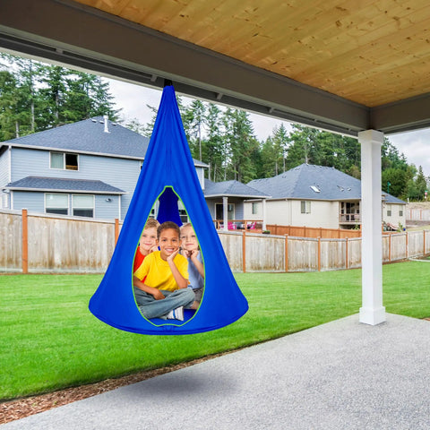 Kids Nest Swing Hammock Chair With Adjustable Rope Indoor Outdoor 40 Inch Blue Pod Swing For Cozy Hangouts 2 Windows And 1 Entrance.