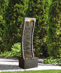 Curved Faux Slate Waterfall Fountain With LED Light Accents For Indoor Or Outdoor Use, Easy Setup, Modern Black And Stone Gray Design