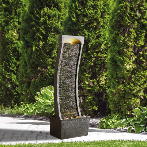 Curved Faux Slate Waterfall Fountain With LED Light Accents For Indoor Or Outdoor Use, Easy Setup, Modern Black And Stone Gray Design