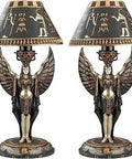 Isis Goddess Table Lamp Set Of Two, Handcast Polyresin With Black And Gold Finish, Egyptian Style Home Decor Lighting For Living Room And Office