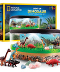Light Up Dinosaur Terrarium Science Kit For Kids With Never Dry Sand Dino Figures A Backdrop And Gems Create A Colorful Prehistoric World You Can See Through A Wide Mouth Panorama View.