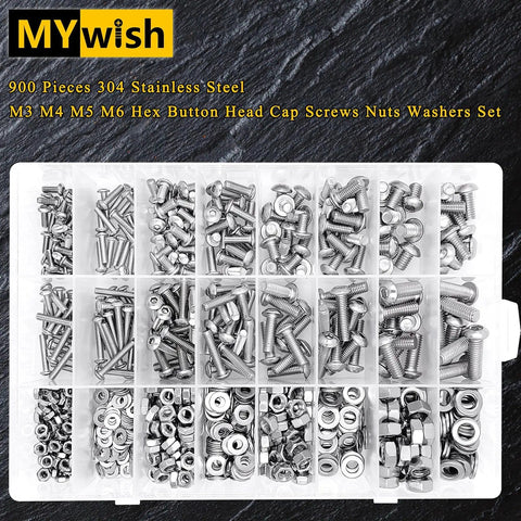 Massive 900Pcs Metric Screw Kit With M3-M6 Button Head Hex Screws, Nuts, Bolts, Washers in clear storage case, 304 Stainless Steel