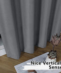 Dark Grey Curtains Two Panels 96 Inches Long Light Filtering Faux Linen Textured Window Curtains For Living Room Farmhouse Style Rod Pocket 40 Inch Width Each 2 Pack, shown with close-up of faux linen texture and decorative flower on wood floor.