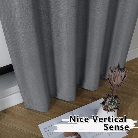 Dark Grey Curtains Two Panels 96 Inches Long Light Filtering Faux Linen Textured Window Curtains For Living Room Farmhouse Style Rod Pocket 40 Inch Width Each 2 Pack, shown with close-up of faux linen texture and decorative flower on wood floor.