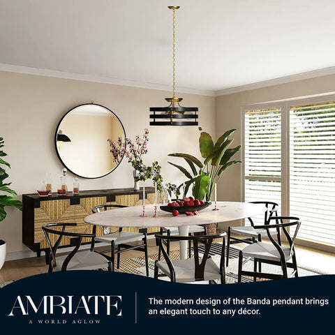 Dining room with Cage Pendant Light Fixture With Black Band Shade And Gold Accents, adjustable height over a round table