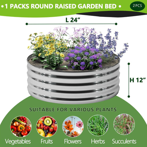 Round galvanized raised garden bed with flowers, 24x12 inches, for veggies, flowers, and herbs, Two Pack 2x2x1 Foot Galvanized Raised Garden Bed Planter Set For Backyard Veggies And Flowers Durable Rust Resistant Frame Easy Assembly Long Lasting Outdoor Garden Kit.