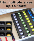 36 Compartment Drawer Organizer For Nespresso Vertuo VertuoLine Coffee Pods Black Foam Tray in kitchen drawer showing capsules.