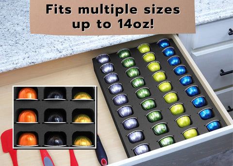 36 Compartment Drawer Organizer For Nespresso Vertuo VertuoLine Coffee Pods Black Foam Tray in kitchen drawer showing capsules.