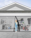 Privacy Black Garage Door Screen 16x7 Ft Keeps Out Nosy Neighbors Breathable Mesh with woman exiting garage