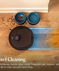 FurForce Robot Vacuum And Mop With No Tangle Pet Brush Roll And LiDAR Navigation cleaning pet mess on wood floor near bowls