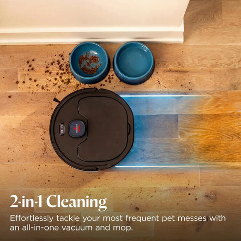 FurForce Robot Vacuum And Mop With No Tangle Pet Brush Roll And LiDAR Navigation cleaning pet mess on wood floor near bowls