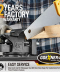 Worker using a Heavy Duty Workbench Vise With Swivel Base And Multi Jaw For Woodworking And DIY Projects Four And A Half Inch Table Vise Forged Steel Construction With Corrosion Resistant Finish Ideal For Home Shop securing wood while sawing, showing 4.5 inch jaw, 270° swivel.