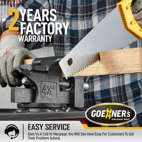 Worker using a Heavy Duty Workbench Vise With Swivel Base And Multi Jaw For Woodworking And DIY Projects Four And A Half Inch Table Vise Forged Steel Construction With Corrosion Resistant Finish Ideal For Home Shop securing wood while sawing, showing 4.5 inch jaw, 270° swivel.