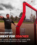 Portable Baseball Practice Net For Pitching And Hitting Pop Up Batting Cage With Coach Shield 7 Ft Z Screen Red in use.