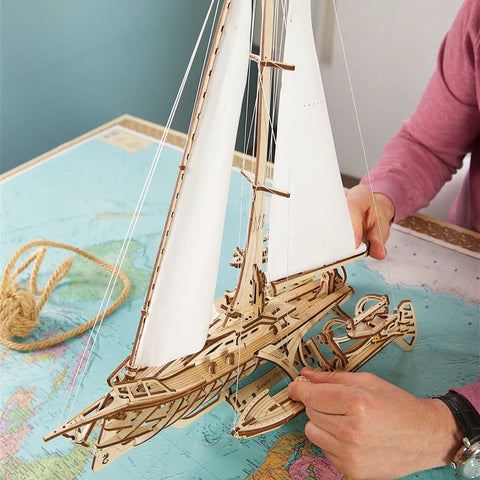 Merihobus 3D Wood Puzzle Kit For Adults Trimaran Sailboat Model Catamaran Mechanical Build Dope Wooden Ships Kit For Brain Teasers DIY Hobby Set For Mindful Fun And Hands On Craft, assembled sailboat