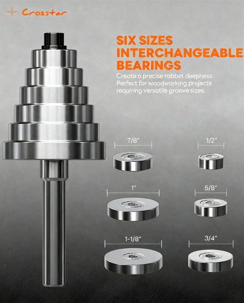 Rabbet Router Bit Set With Six Bearings And Quarter Inch Shank, Carbide tipped bits shown with six interchangeable bearing sizes.