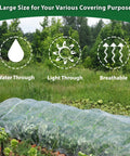 Ultra Fine Garden Mesh Netting Pest Barrier Ten By Fifty Feet White Plant Covers For Outdoor Patio Greenhouse Crops Vegetables Fruits Flowers Garden Protection Row Covers Fabric Screen Keeps Bugs Out Insect Bird Netting covering garden plants, highlighting water, light, and breathability features.
