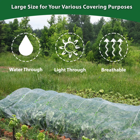 Ultra Fine Garden Mesh Netting Pest Barrier Ten By Fifty Feet White Plant Covers For Outdoor Patio Greenhouse Crops Vegetables Fruits Flowers Garden Protection Row Covers Fabric Screen Keeps Bugs Out Insect Bird Netting covering garden plants, highlighting water, light, and breathability features.
