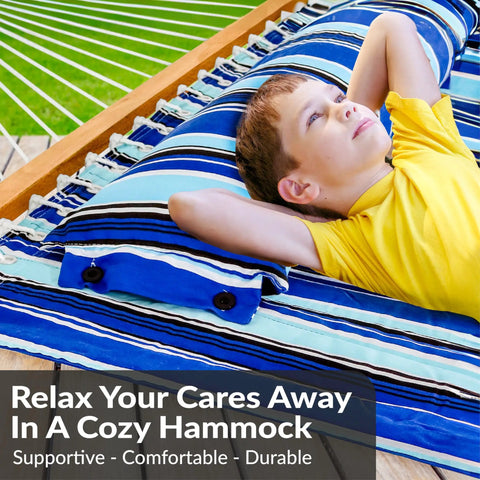 Child relaxing on Quilted Double Outdoor Hammock With Spreader Bars 74x55 Inch Bed 450 Lb Capacity Quick Dry UV Resistant