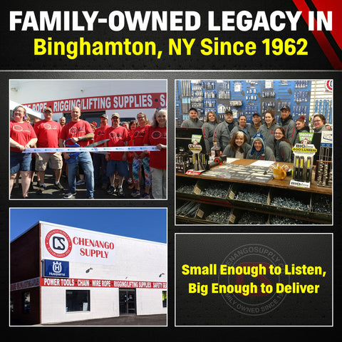 Family-owned store, Binghamton, NY, group of employees, tool section, store exterior, Chenango Supply, established 1962.