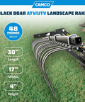 Heavy Duty ATV UTV Landscape Rake For Rock Debris Removal, 30-inch length rake with 17-inch width and removable tines on grass