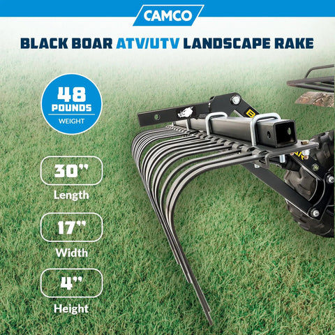 Heavy Duty ATV UTV Landscape Rake For Rock Debris Removal, 30-inch length rake with 17-inch width and removable tines on grass