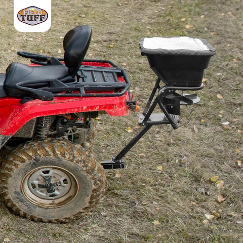 12V Grass Seed And Fertilizer Spreader With 80 Pound Capacity Hitch Mount Receiver on ATV