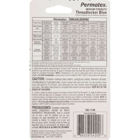 Back of Blue Thread Locker Medium Strength That Locks Bolts And Nuts Down Tight, 6 Ml Bottle, Pack Of 12 packaging with details and instructions