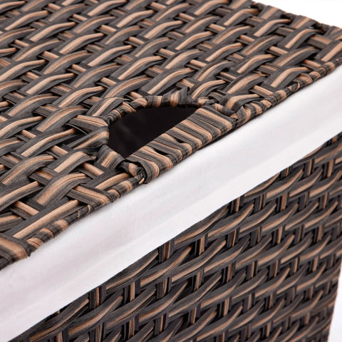 Close-up of a handwoven portable laundry bin in mocha brown with a carrying handle, featuring a water-resistant steel frame.