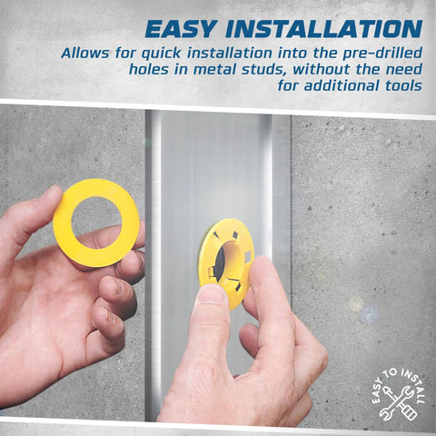 Hand holding a yellow 250 Count Polypropylene Wire Pull Bushing for Metal Studs, demonstrating tool-free installation.
