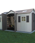 15 By 8 Ft Dual Entry Outdoor Storage Shed With HDPE Dual Wall Construction Steel Reinforced Frame UV Protected Weather Resistant Skylights Windows And Shelving In Desert Sand