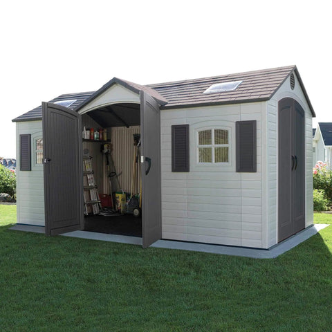 15 By 8 Ft Dual Entry Outdoor Storage Shed With HDPE Dual Wall Construction Steel Reinforced Frame UV Protected Weather Resistant Skylights Windows And Shelving In Desert Sand