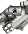 Premium Direct Fit Water Pump With Standard Rotation And Dual Outlet Timing Belt Driven Engine Replacement showing premium alloy material and dual outlets.