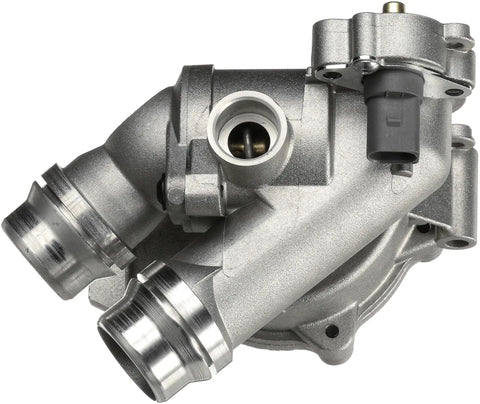 Premium Direct Fit Water Pump With Standard Rotation And Dual Outlet Timing Belt Driven Engine Replacement showing premium alloy material and dual outlets.