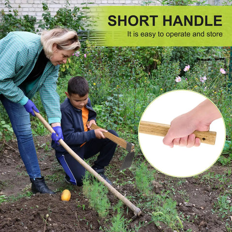 Woman and child using Heavy Duty Curved Garden Hoe Mattock With Wooden Handle Fifteen Point Four Inch Stainless Steel Tool