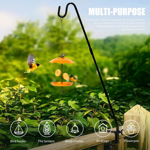 Hella Durable Expandable Deck Hook With A Two Inch Non Slip Railing Mount with bird feeder and birds in garden setting.