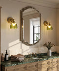 Totally Classic Battery Operated Wall Sconces Set Features Green Tulip Glass And Gold Metal Frame bringing vintage vibes to a hallway.