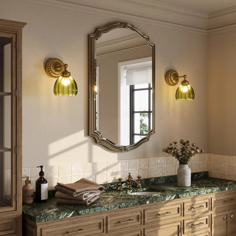 Totally Classic Battery Operated Wall Sconces Set Features Green Tulip Glass And Gold Metal Frame bringing vintage vibes to a hallway.