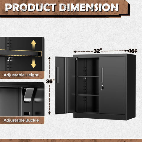 Locking Metal Storage Cabinet With Two Shelves And Locking Doors In Black Steel For Office Garage Or Home, dimensions shown