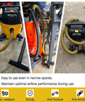 Direct Replacement Shop Vac Hose 1-7/8 Inch For 6-10 Gallon Wet Dry Vac attached to yellow vacuum in garage setting
