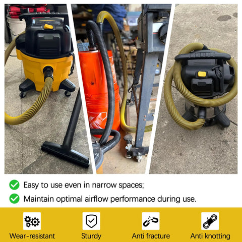 Direct Replacement Shop Vac Hose 1-7/8 Inch For 6-10 Gallon Wet Dry Vac attached to yellow vacuum in garage setting